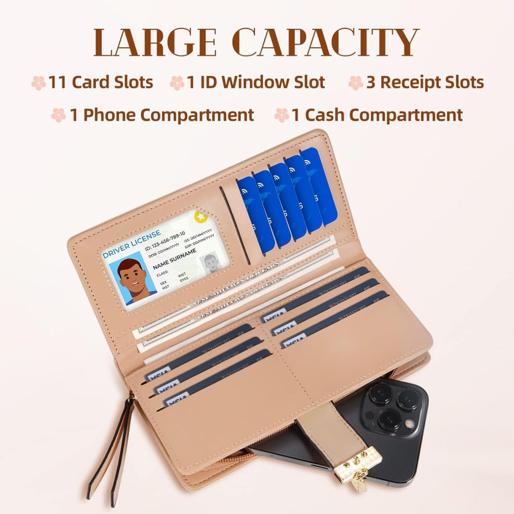 Women's Long Leaf Bifold Wallet Leather Card Holder Purse Zipper Buckle Elegant Clutch Wallet Handbag for Women - Khaki - Image 2