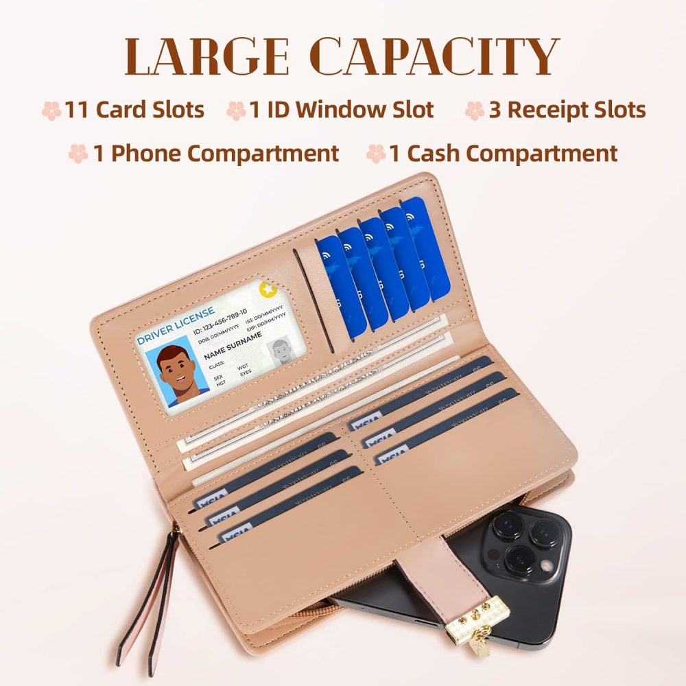 Women's Long Leaf Bifold Wallet Leather Card Holder Purse Zipper Buckle Elegant Clutch Wallet Handbag for Women - Pink - Image 2