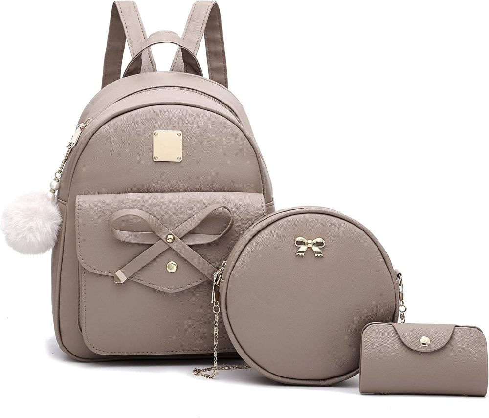 Girls Bowknot 3-Pieces Fahsion Leather Backpack Backpack Purse for Women Rucksack for Ladies Shoulder Bag