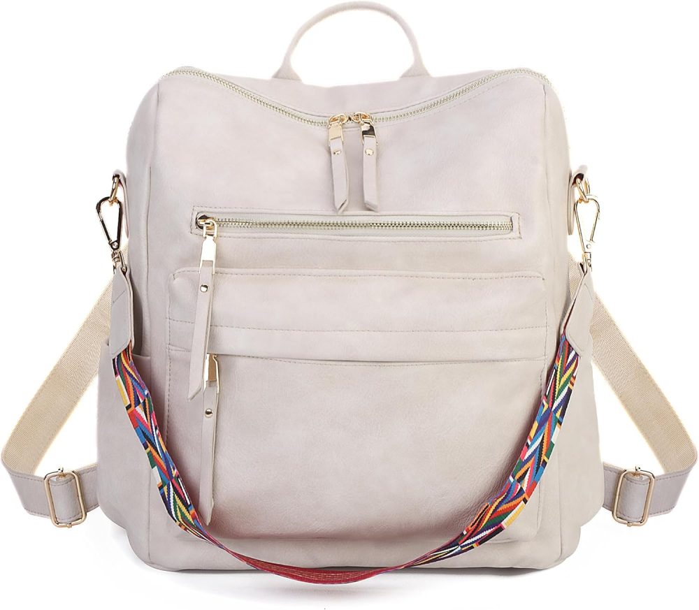 Women Backpack Purse Vintage Rucksack Convertible Shoulder Bag Travel Daypack, Off White