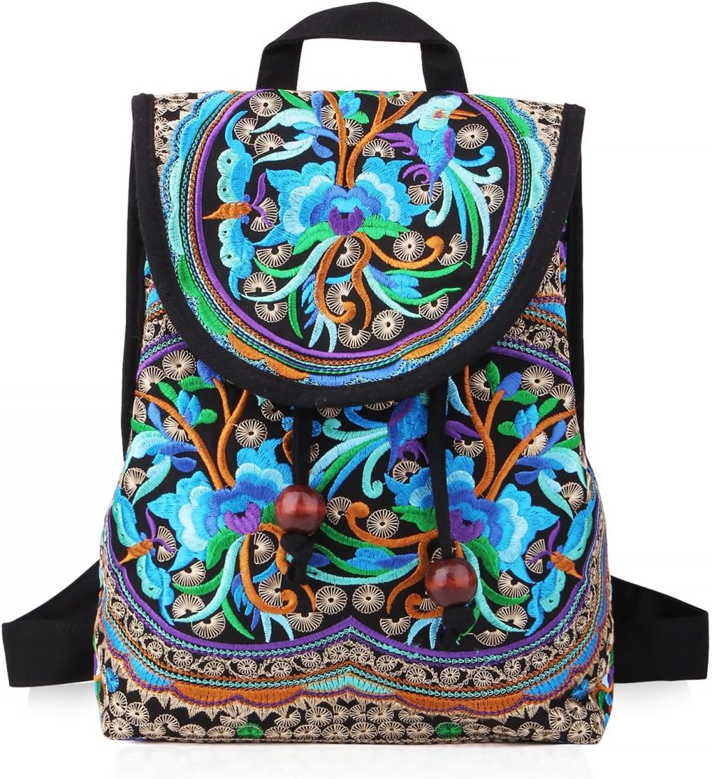 Embroidered Backpack Purse for Women, Boho Elegance Vintage Ethnic Floral Shoulder Handbag